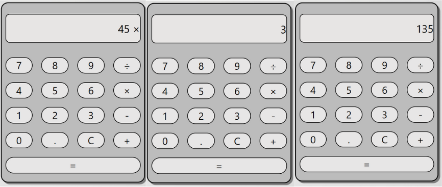 3 calculator images showing calculation of 45 X 3 = 135